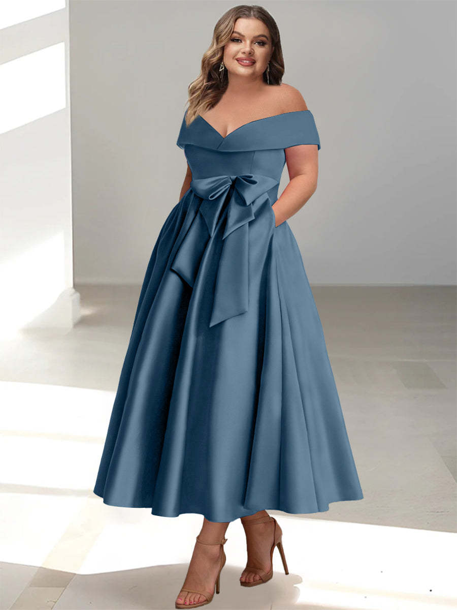 Plus Size Off-the-Shoulder Sleeveless A-Line/Princess Mother of the Bride Ankle-Length Dress with Pockets-BMbridal.UK
