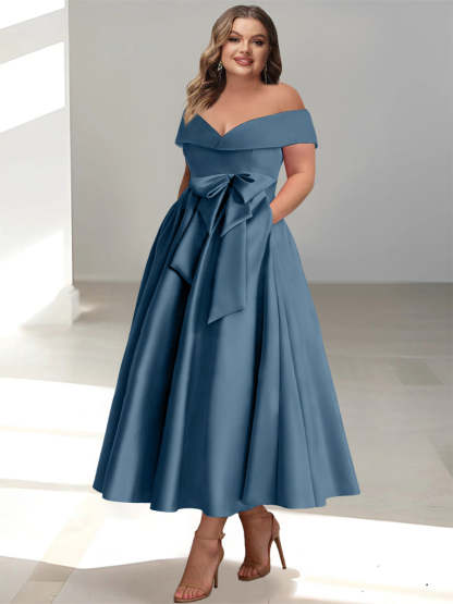 Plus Size Off-the-Shoulder Sleeveless A-Line/Princess Mother of the Bride Ankle-Length Dress with Pockets-BMbridal.UK