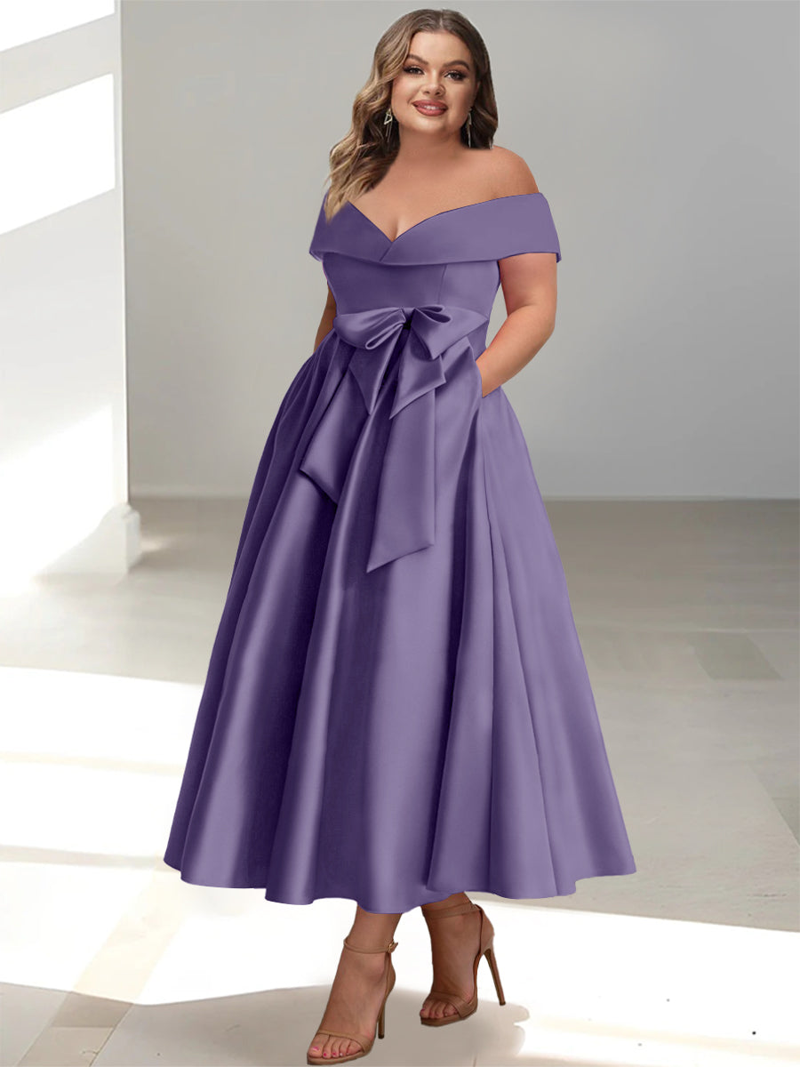 Plus Size Off-the-Shoulder Sleeveless A-Line/Princess Mother of the Bride Ankle-Length Dress with Pockets-BMbridal.UK