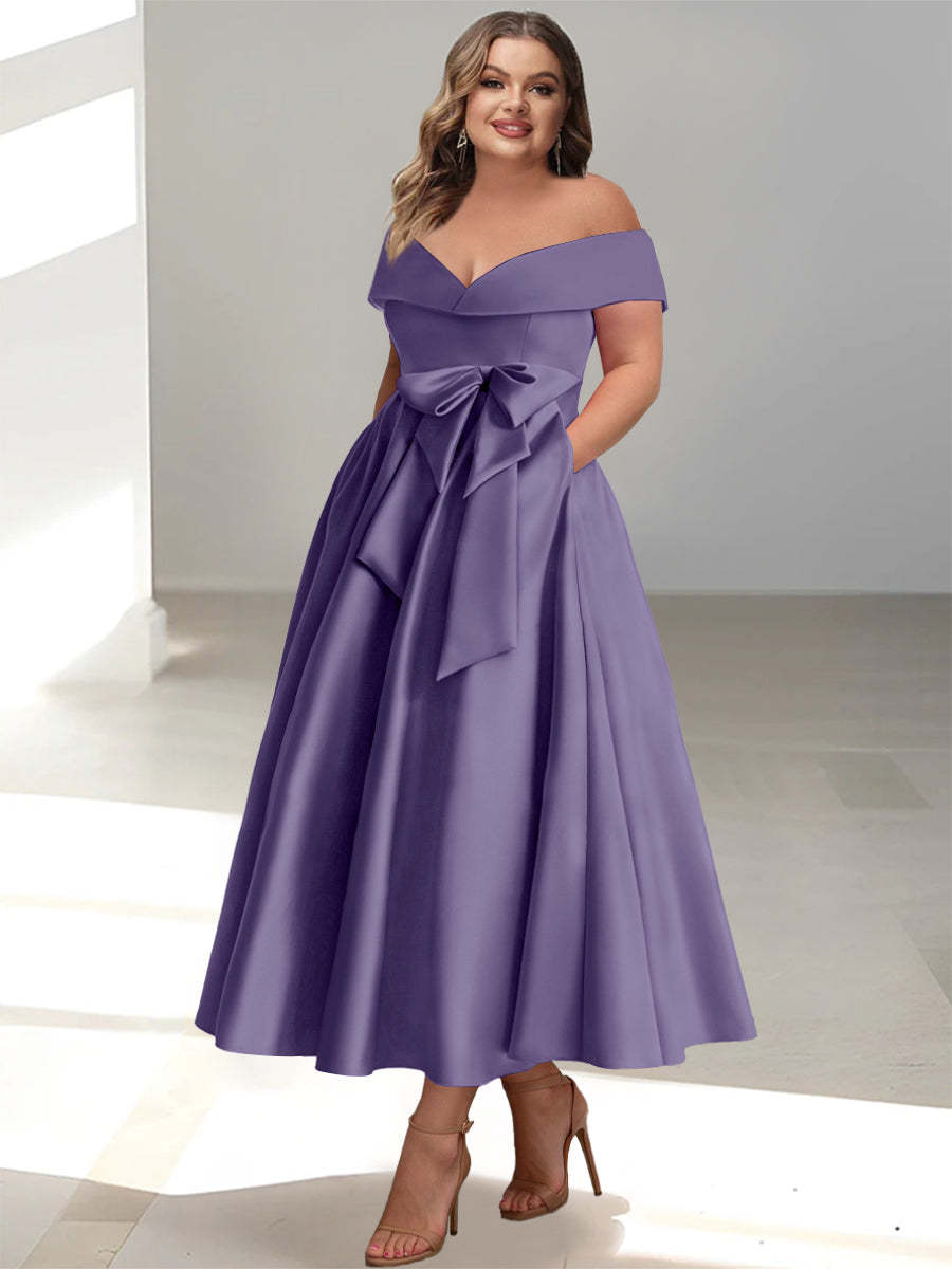 Plus Size Off-the-Shoulder Sleeveless A-Line/Princess Mother of the Bride Ankle-Length Dress with Pockets-BMbridal.UK