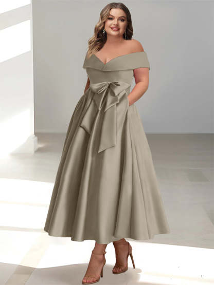 Plus Size Off-the-Shoulder Sleeveless A-Line/Princess Mother of the Bride Ankle-Length Dress with Pockets-BMbridal.UK