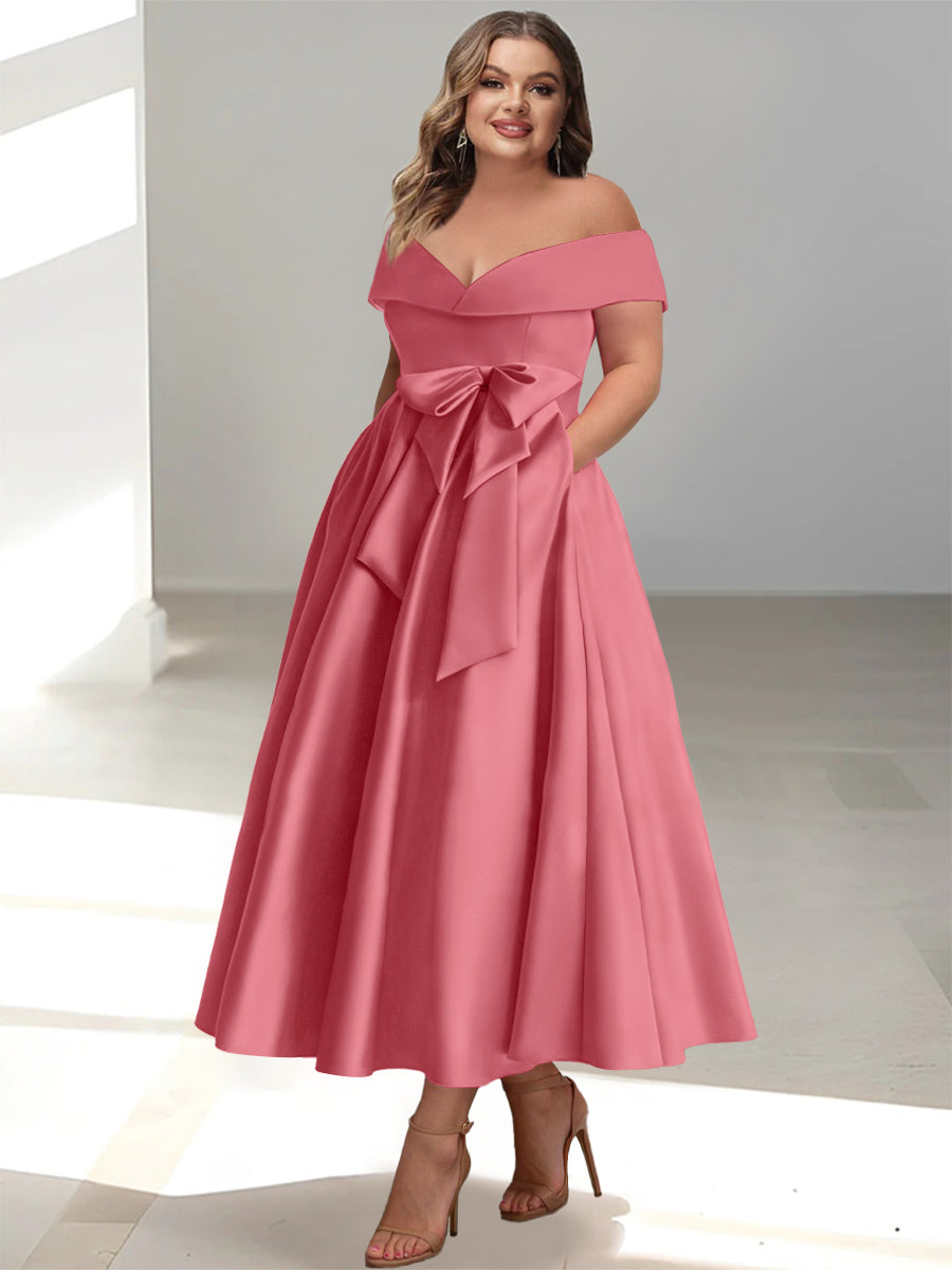 Plus Size Off-the-Shoulder Sleeveless A-Line/Princess Mother of the Bride Ankle-Length Dress with Pockets-BMbridal.UK