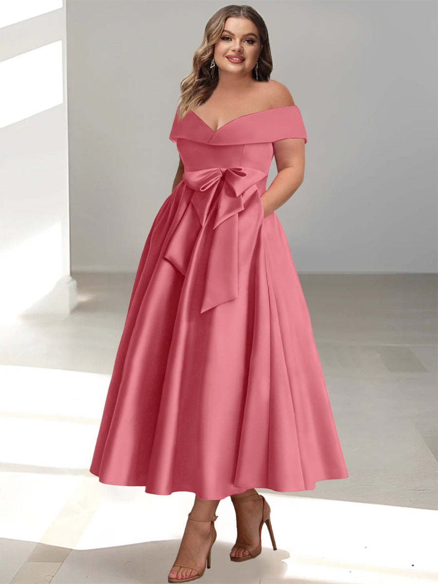 Plus Size Off-the-Shoulder Sleeveless A-Line/Princess Mother of the Bride Ankle-Length Dress with Pockets-BMbridal.UK