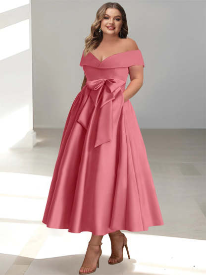 Plus Size Off-the-Shoulder Sleeveless A-Line/Princess Mother of the Bride Ankle-Length Dress with Pockets-BMbridal.UK