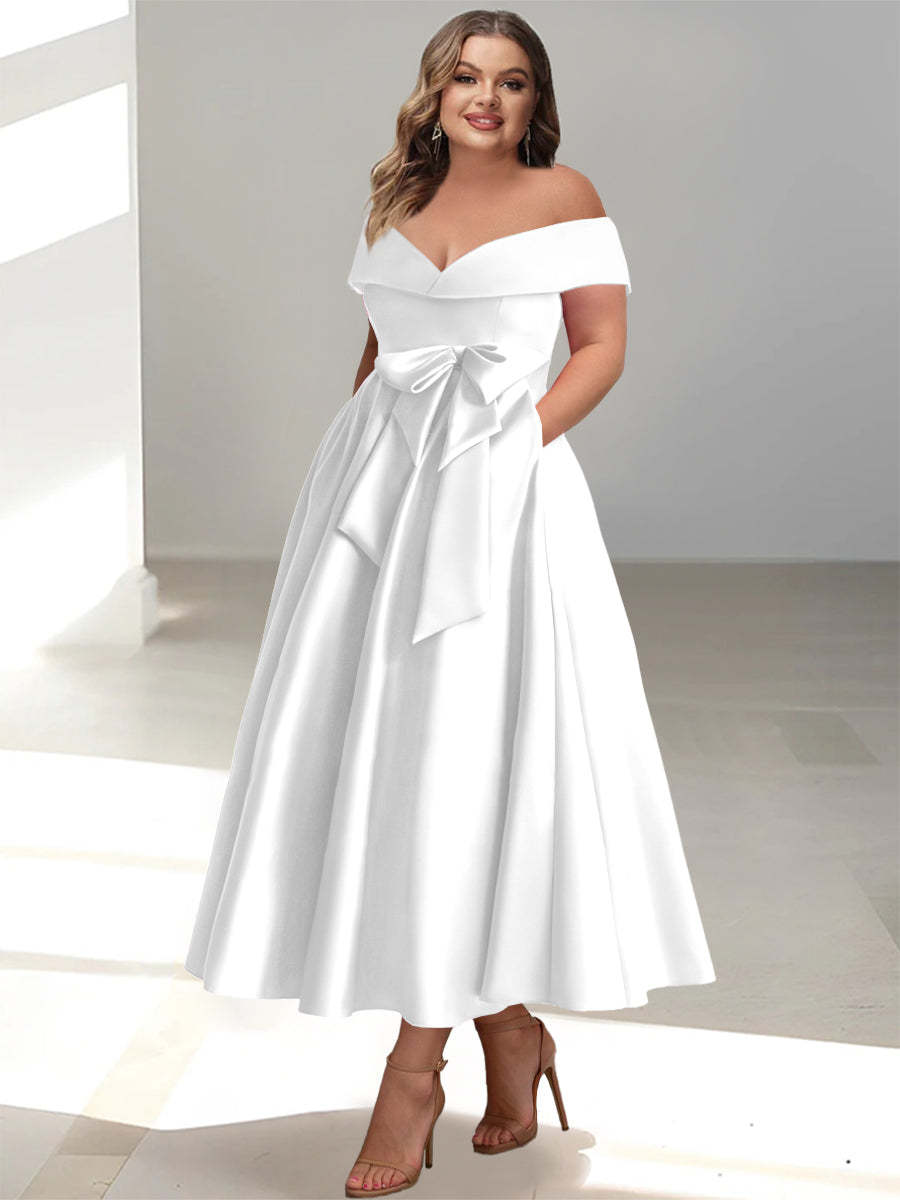 Plus Size Off-the-Shoulder Sleeveless A-Line/Princess Mother of the Bride Ankle-Length Dress with Pockets-BMbridal.UK