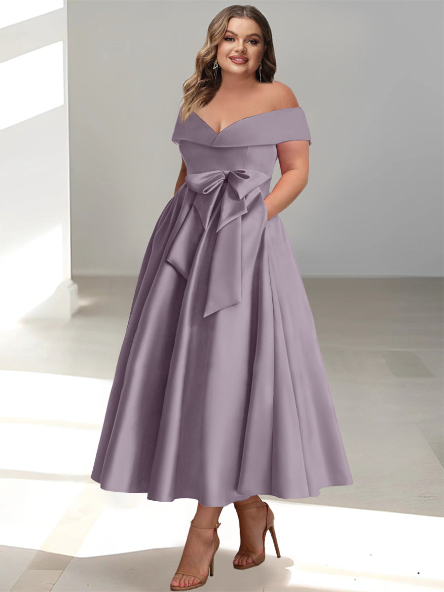 Plus Size Off-the-Shoulder Sleeveless A-Line/Princess Mother of the Bride Ankle-Length Dress with Pockets-BMbridal.UK
