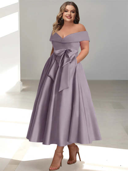Plus Size Off-the-Shoulder Sleeveless A-Line/Princess Mother of the Bride Ankle-Length Dress with Pockets-BMbridal.UK