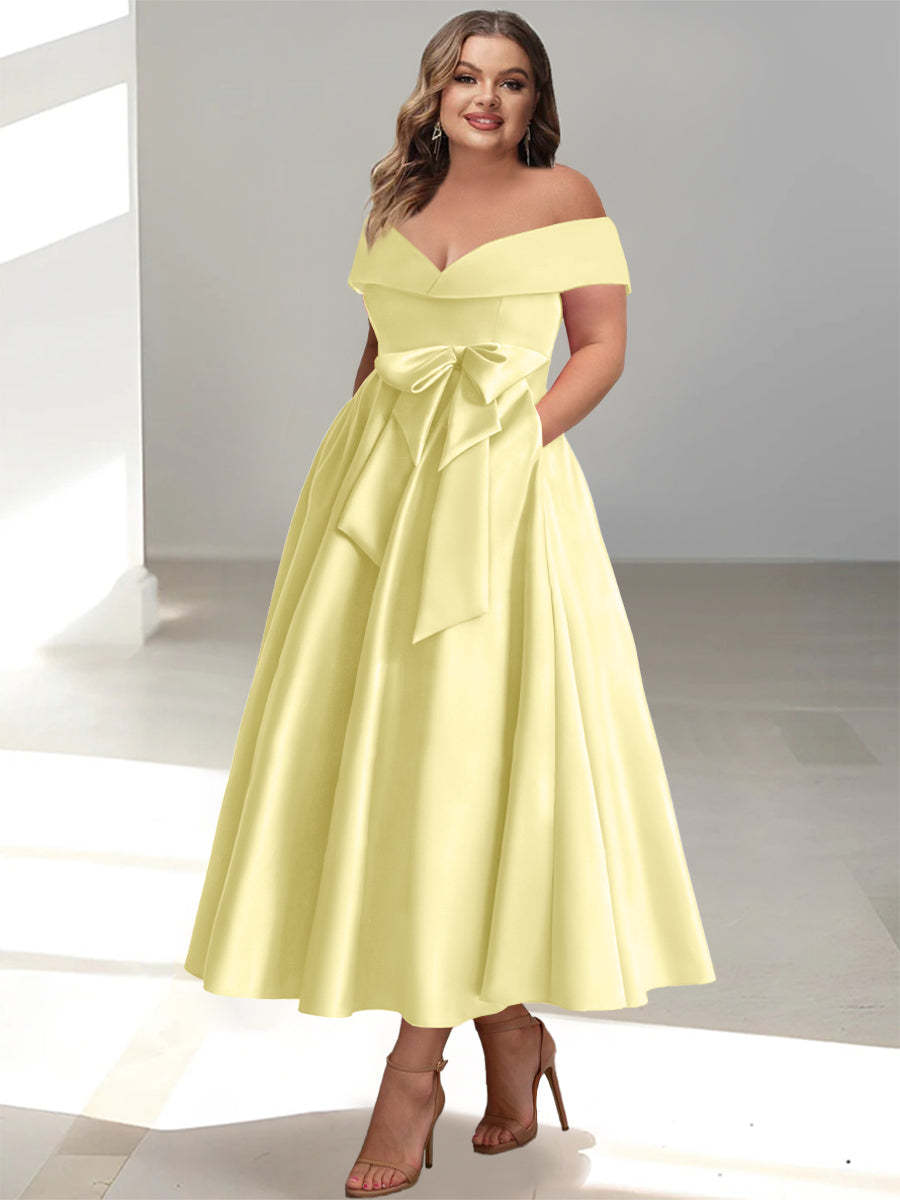 Plus Size Off-the-Shoulder Sleeveless A-Line/Princess Mother of the Bride Ankle-Length Dress with Pockets-BMbridal.UK