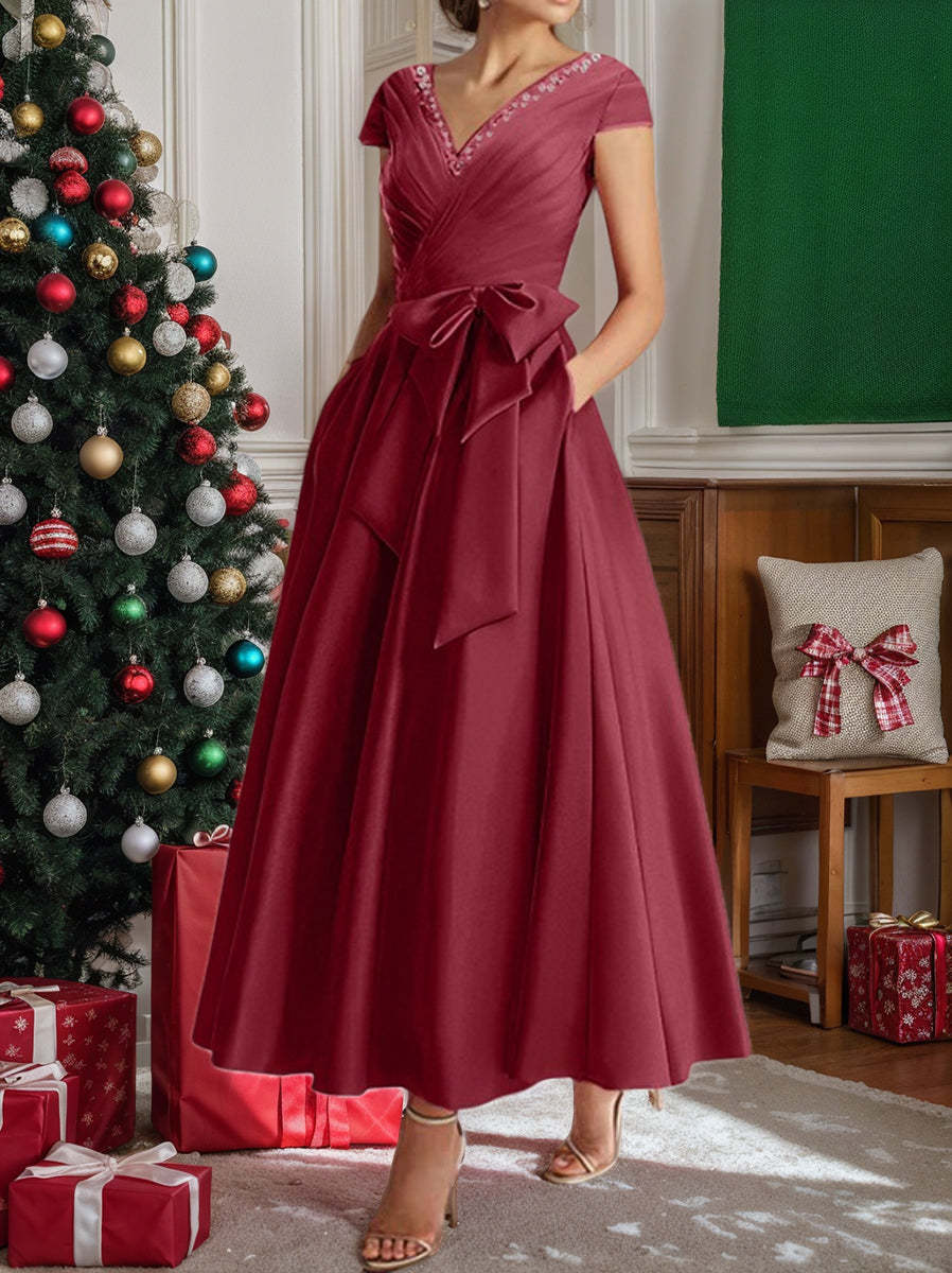 V-Neck A-Line Princess Short-Sleeve Ankle-Length Mother of the Bride Dress with Pockets and Ruffles