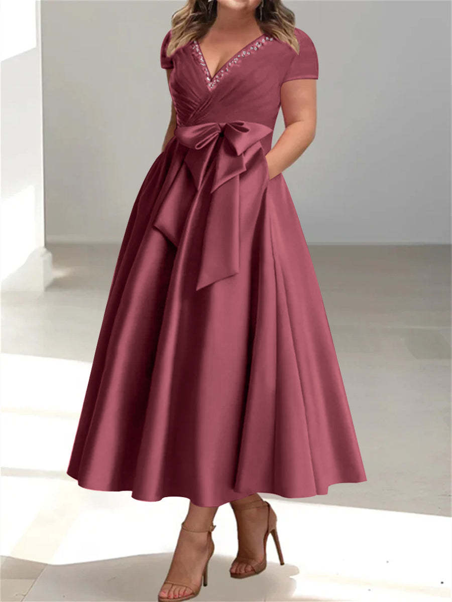 Plus Size Mother of the Bride A-Line Princess V-Neck Dress with Pockets and Ruffles