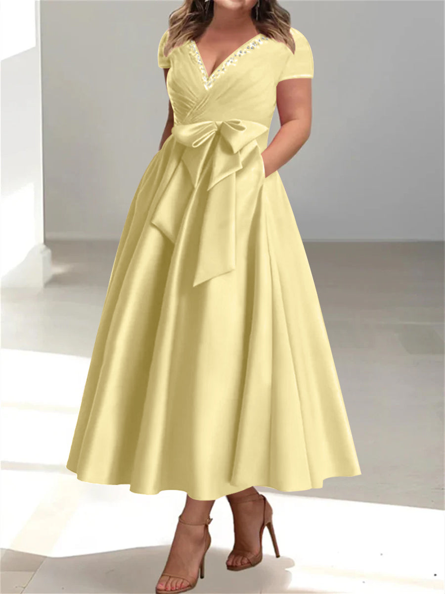 Plus Size Mother of the Bride A-Line Princess V-Neck Dress with Pockets and Ruffles