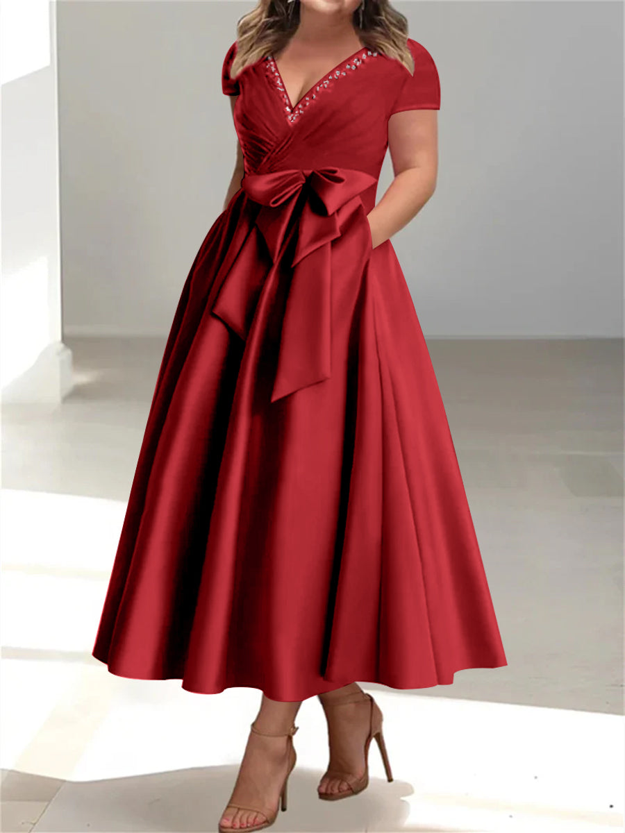 Plus Size Mother of the Bride A-Line Princess V-Neck Dress with Pockets and Ruffles