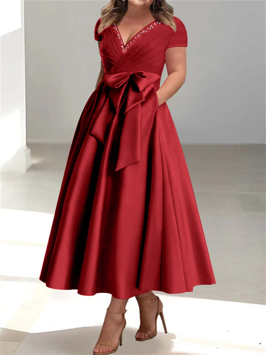Plus Size Mother of the Bride A-Line Princess V-Neck Dress with Pockets and Ruffles