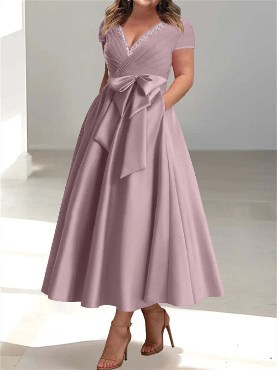 Plus Size Mother of the Bride A-Line Princess V-Neck Dress with Pockets and Ruffles