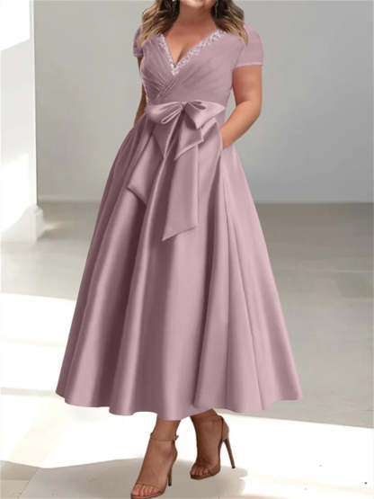 Plus Size Mother of the Bride A-Line Princess V-Neck Dress with Pockets and Ruffles
