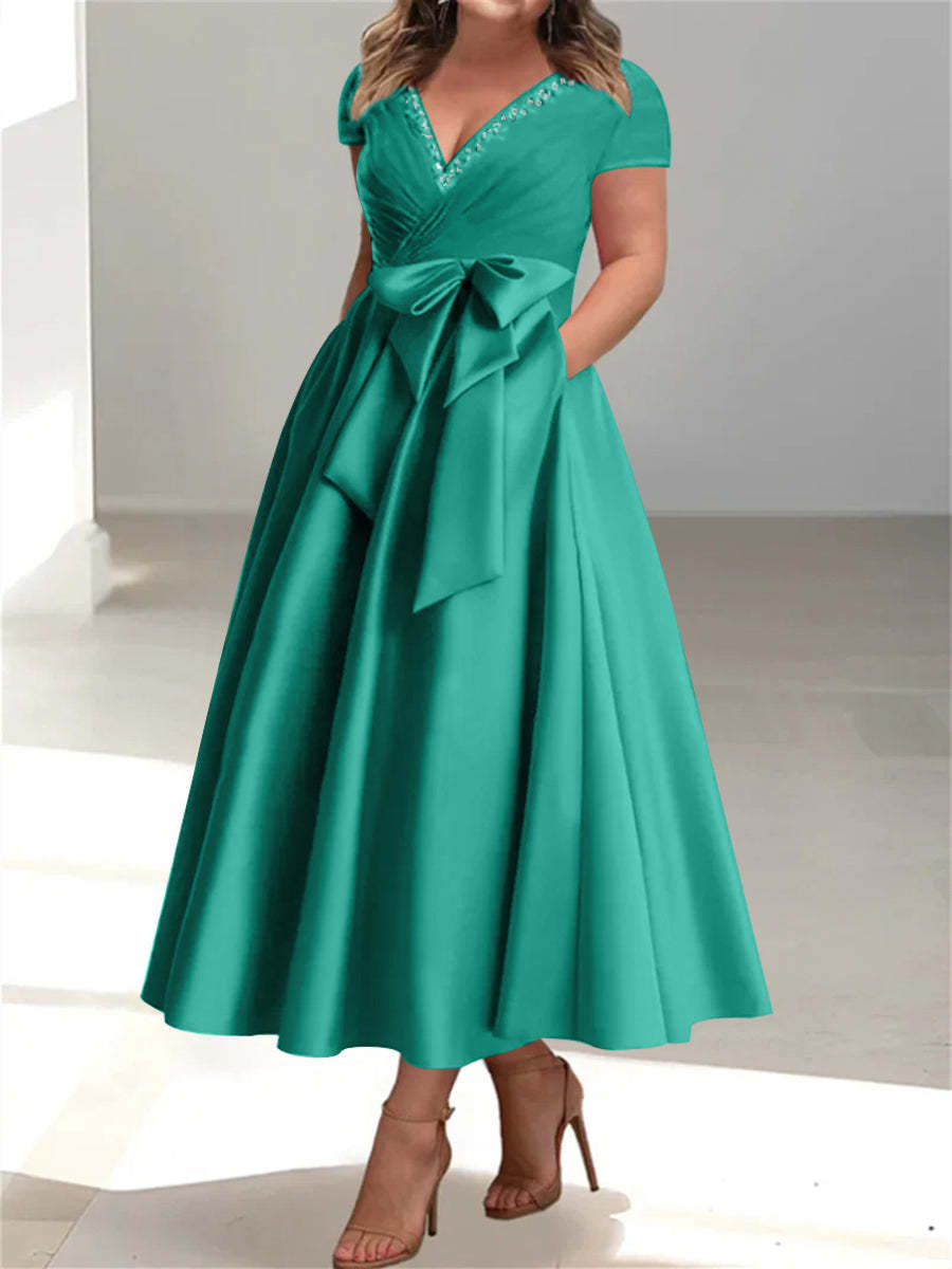 Plus Size Mother of the Bride A-Line Princess V-Neck Dress with Pockets and Ruffles