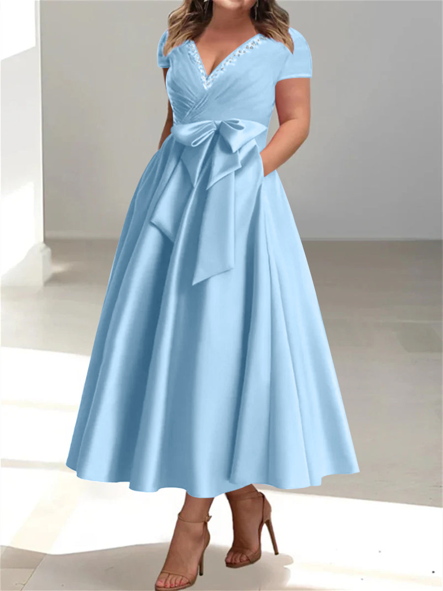 Plus Size Mother of the Bride A-Line Princess V-Neck Dress with Pockets and Ruffles