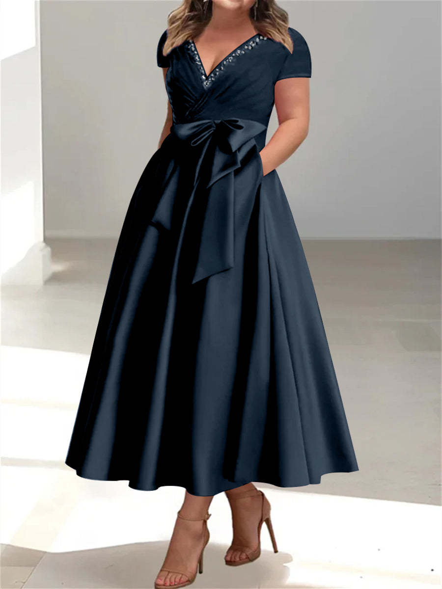 Plus Size Mother of the Bride A-Line Princess V-Neck Dress with Pockets and Ruffles