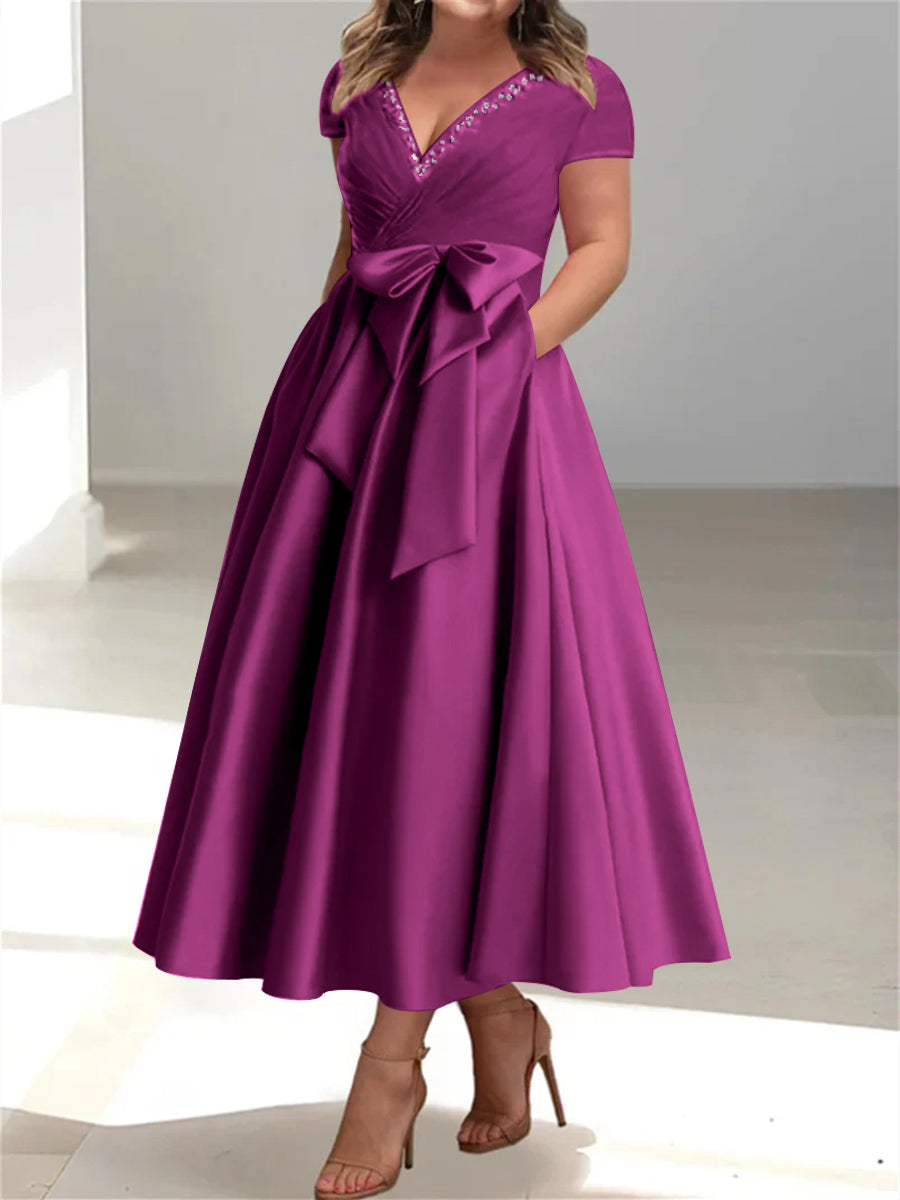 Plus Size Mother of the Bride A-Line Princess V-Neck Dress with Pockets and Ruffles