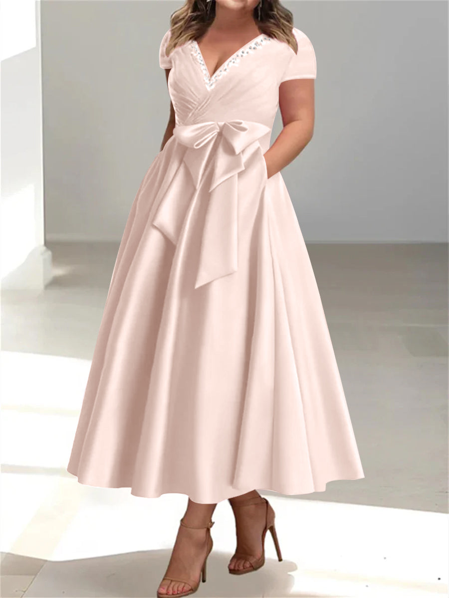 Plus Size Mother of the Bride A-Line Princess V-Neck Dress with Pockets and Ruffles