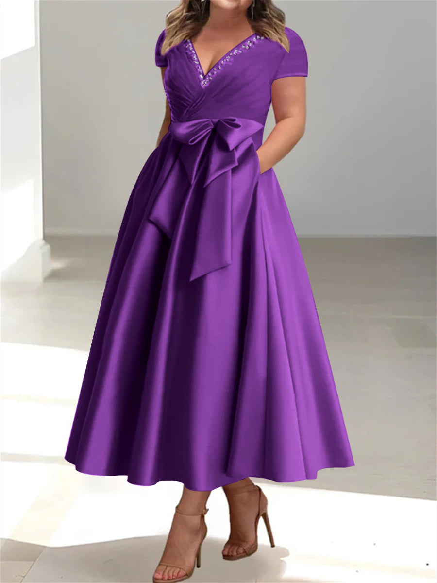 Plus Size Mother of the Bride A-Line Princess V-Neck Dress with Pockets and Ruffles