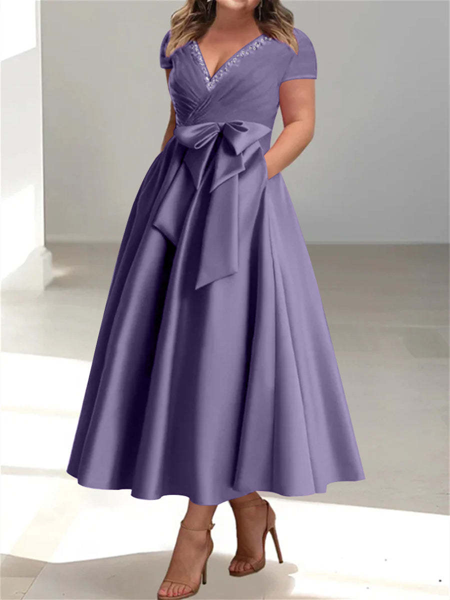 Plus Size Mother of the Bride A-Line Princess V-Neck Dress with Pockets and Ruffles