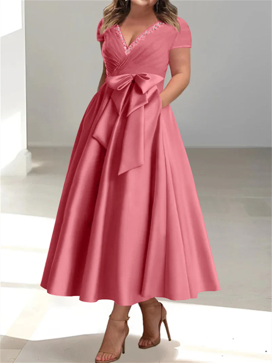 Plus Size Mother of the Bride A-Line Princess V-Neck Dress with Pockets and Ruffles