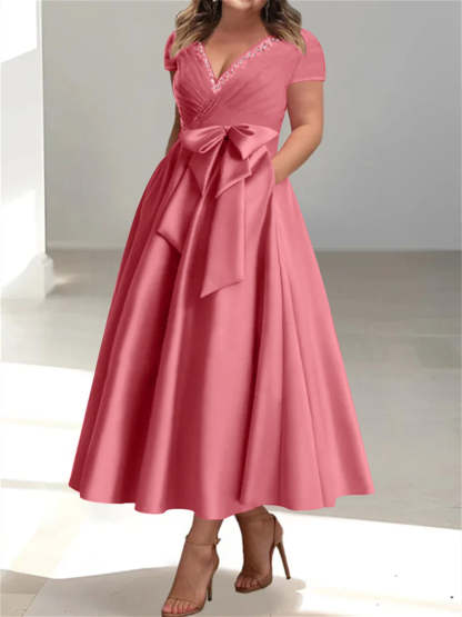 Plus Size Mother of the Bride A-Line Princess V-Neck Dress with Pockets and Ruffles