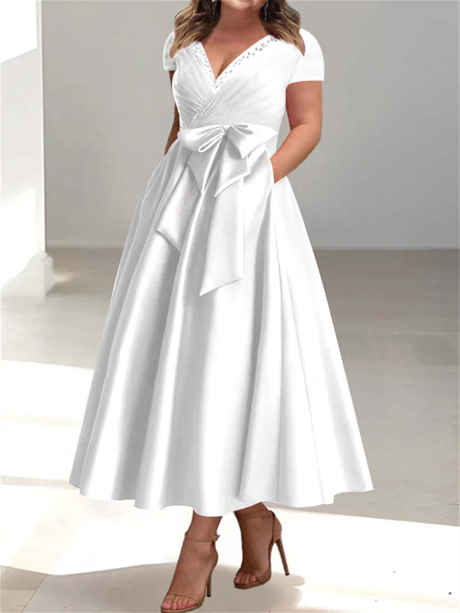 Plus Size Mother of the Bride A-Line Princess V-Neck Dress with Pockets and Ruffles