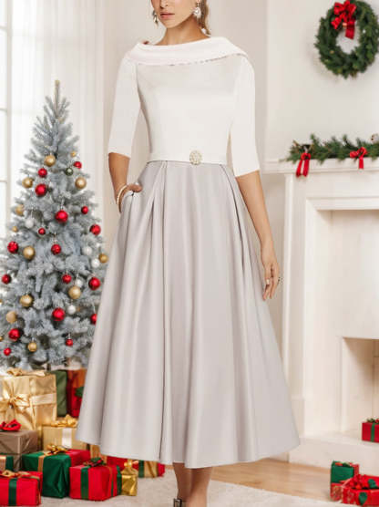 Tea-Length Mother of the Bride A-Line Dress with Jewel Neckline Half Sleeves Pleats and Pockets