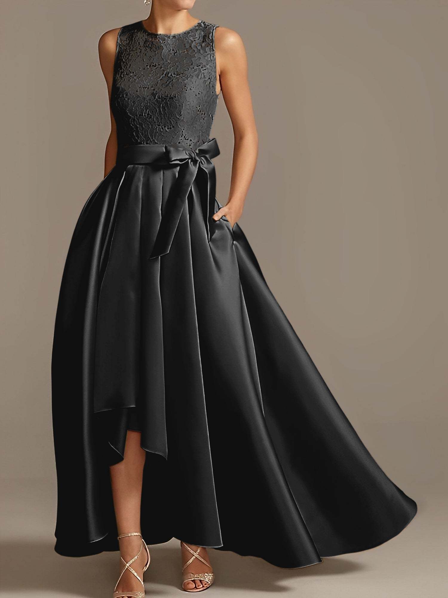 Asymmetrical Princess A-Line Sleeveless Mother Of The Bride Dress With Jewel Neck And Pleats