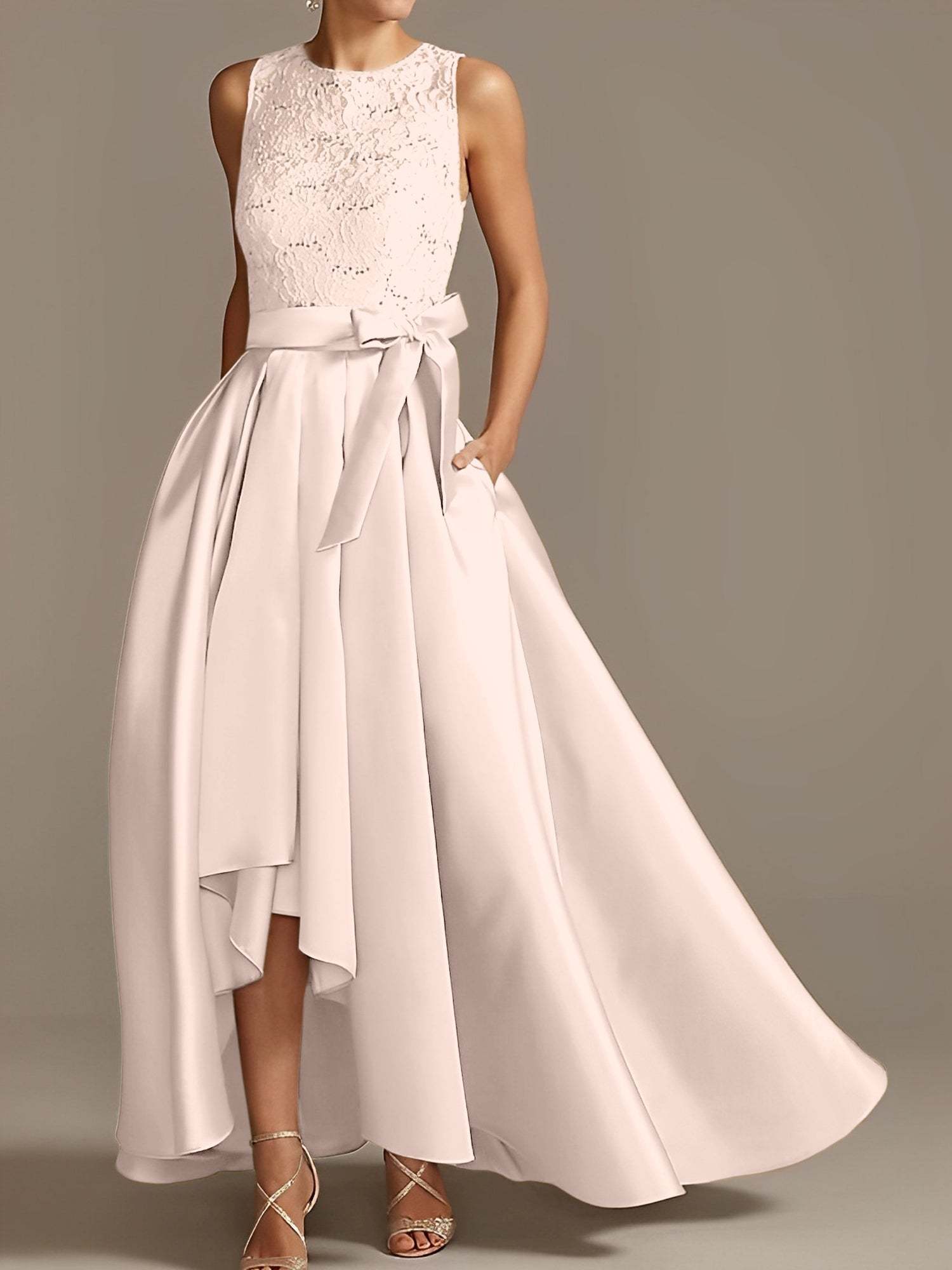 Asymmetrical Princess A-Line Sleeveless Mother Of The Bride Dress With Jewel Neck And Pleats