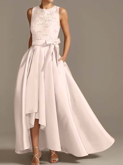 Asymmetrical Princess A-Line Sleeveless Mother Of The Bride Dress With Jewel Neck And Pleats