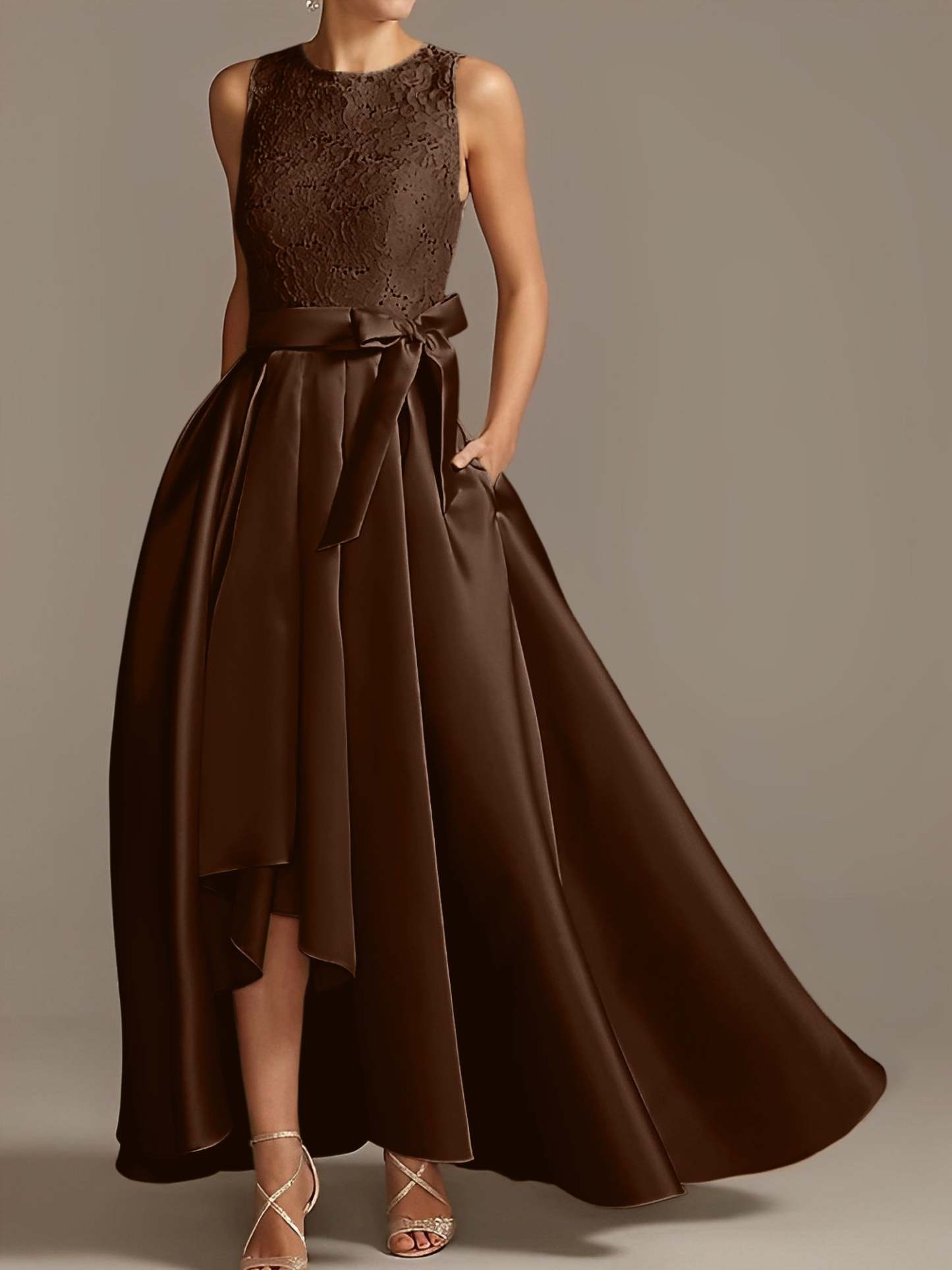 Asymmetrical Princess A-Line Sleeveless Mother Of The Bride Dress With Jewel Neck And Pleats