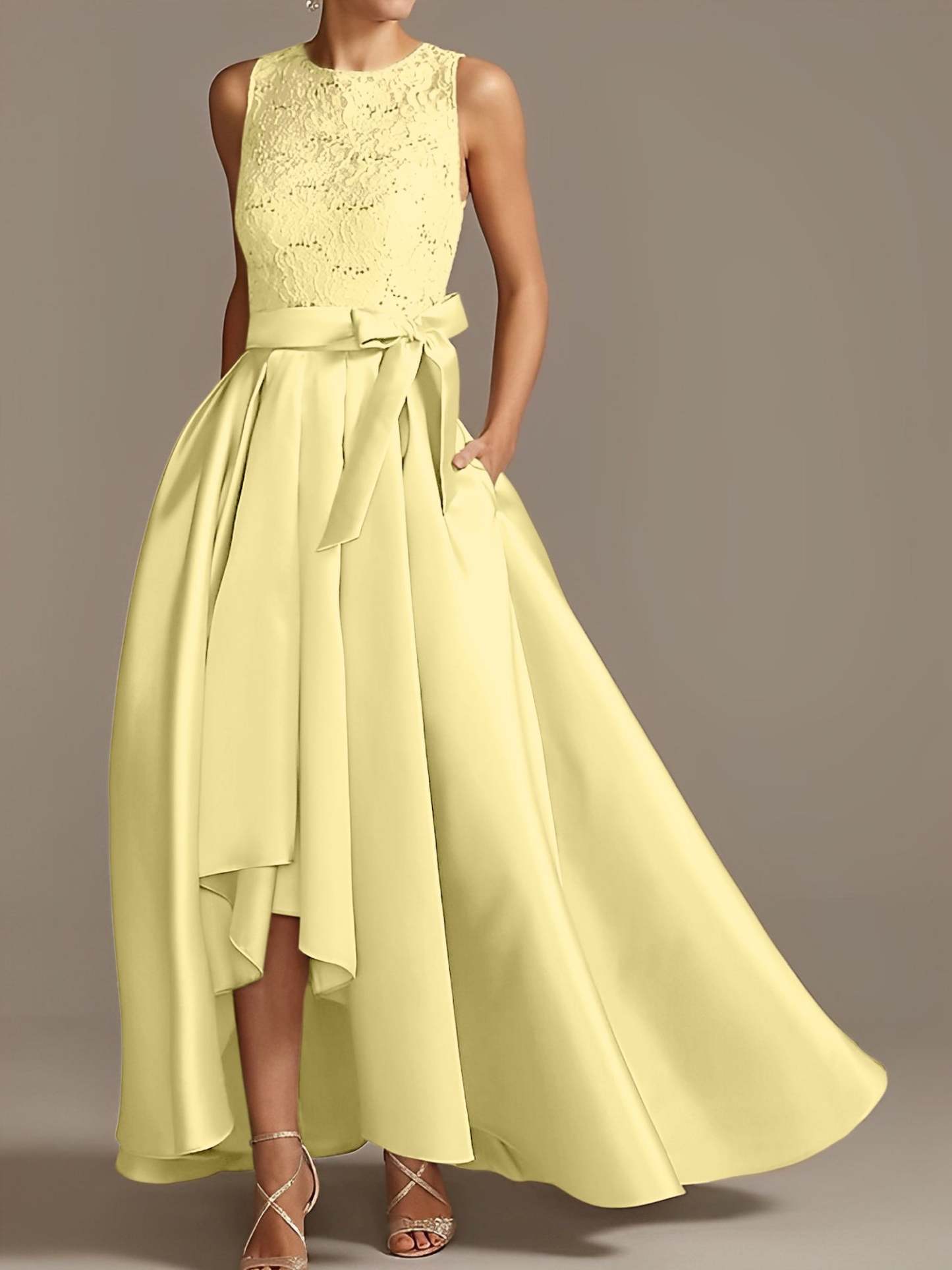Asymmetrical Princess A-Line Sleeveless Mother Of The Bride Dress With Jewel Neck And Pleats