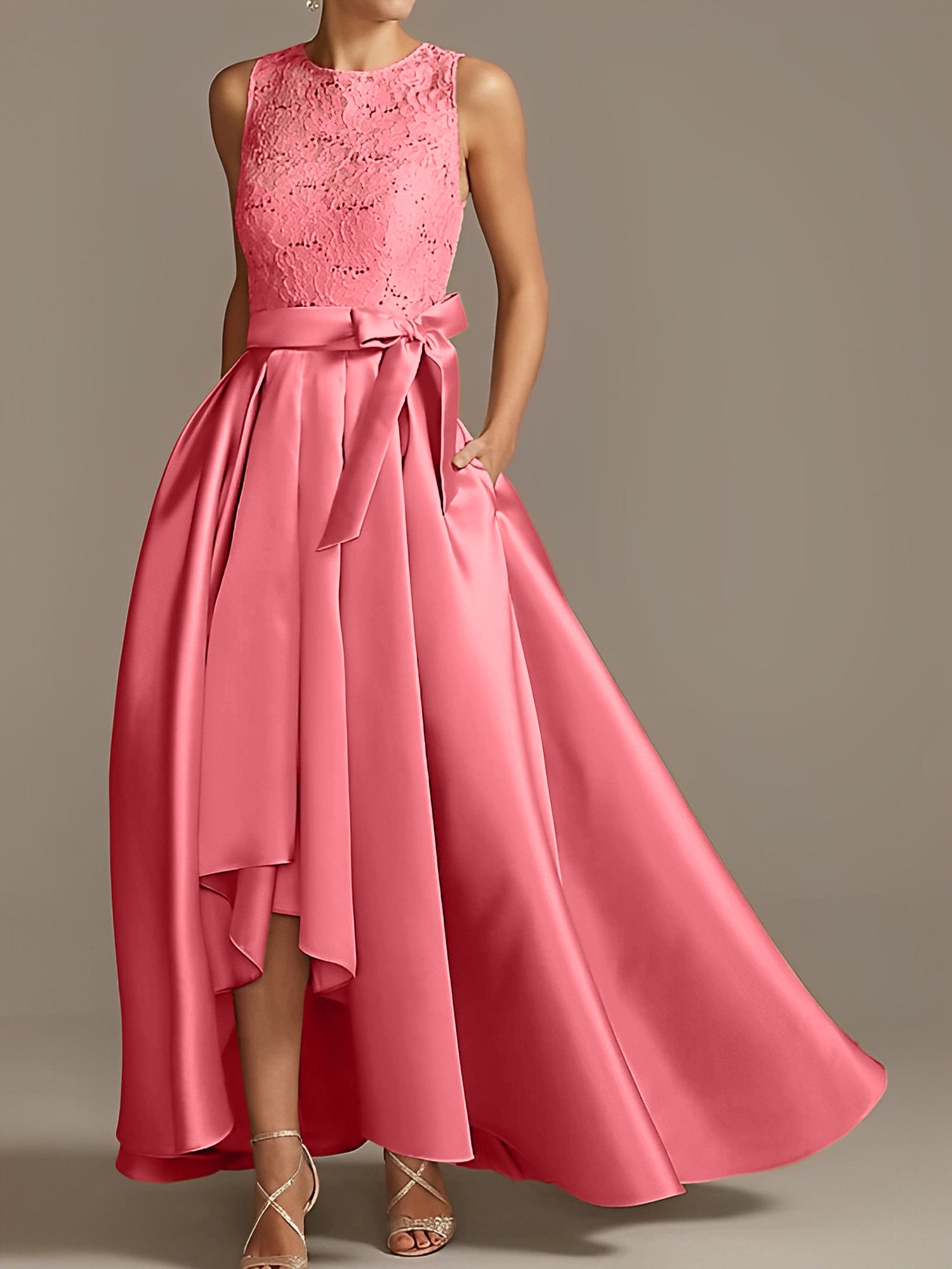 Asymmetrical Princess A-Line Sleeveless Mother Of The Bride Dress With Jewel Neck And Pleats