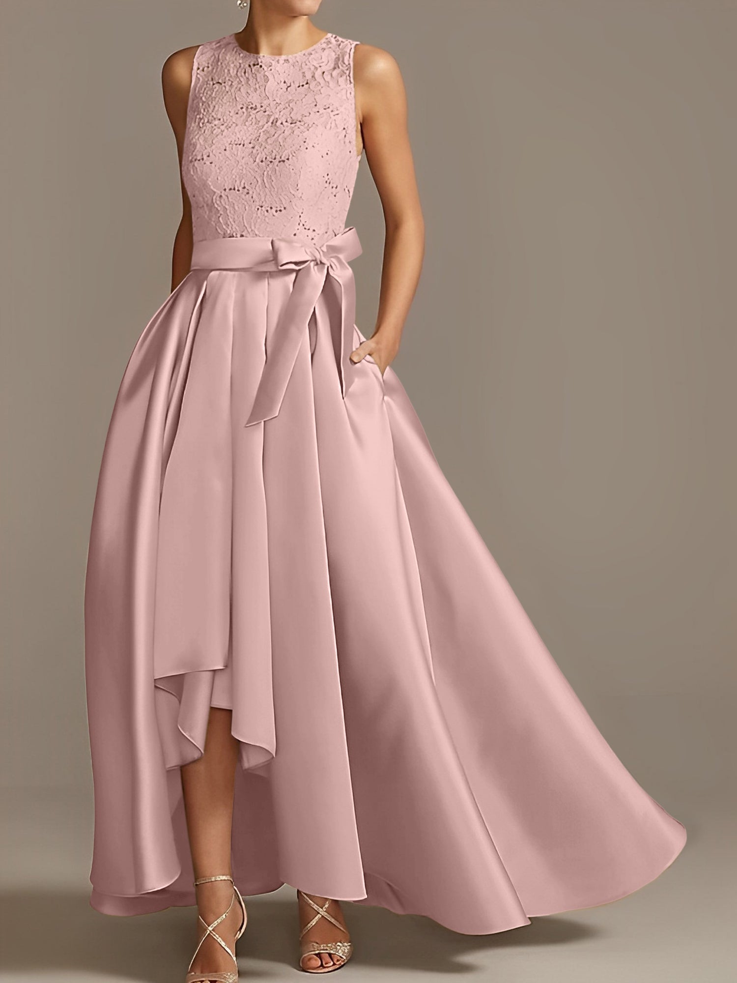 Asymmetrical Princess A-Line Sleeveless Mother Of The Bride Dress With Jewel Neck And Pleats