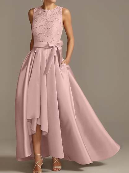 Asymmetrical Princess A-Line Sleeveless Mother Of The Bride Dress With Jewel Neck And Pleats