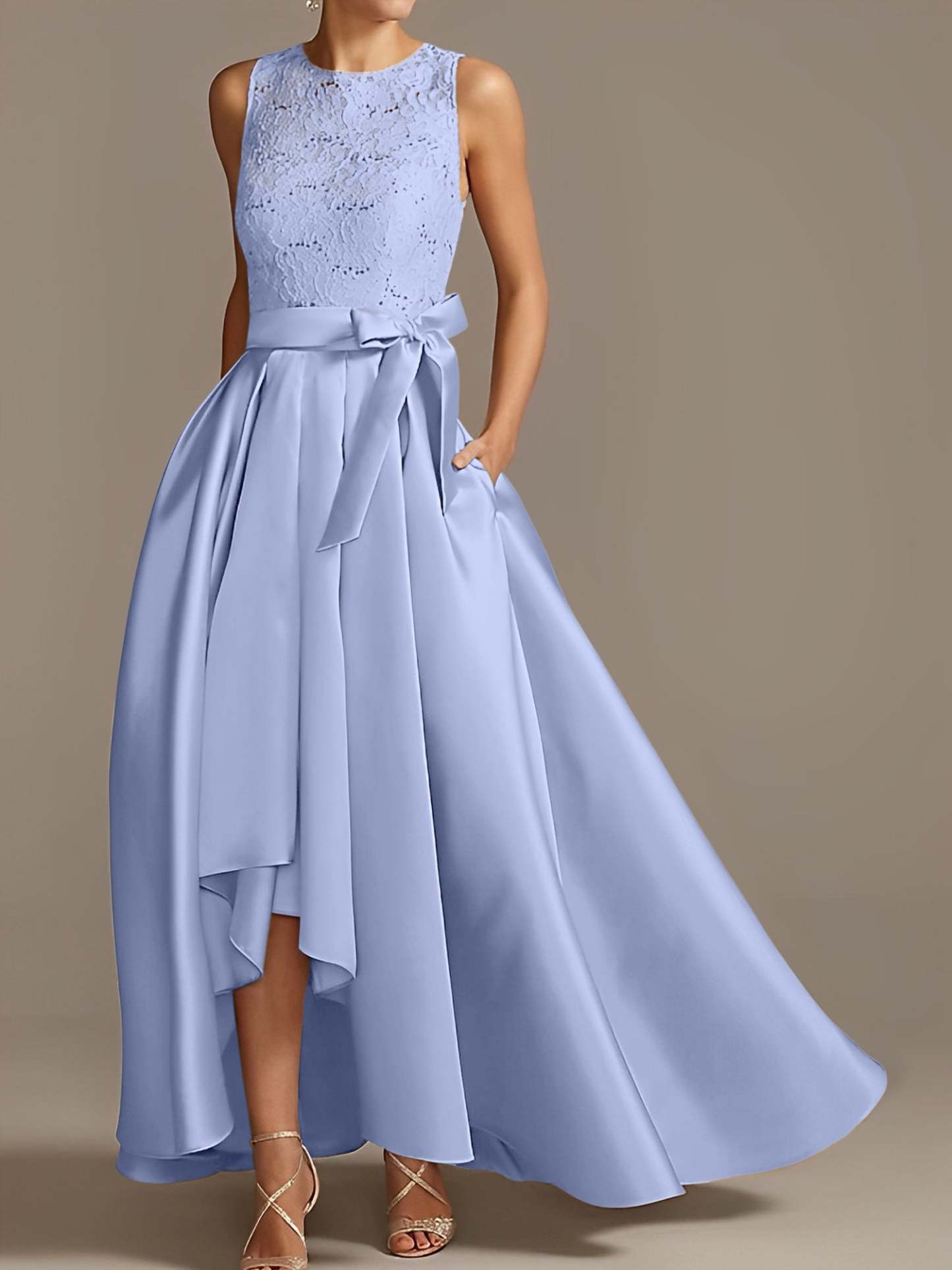 Asymmetrical Princess A-Line Sleeveless Mother Of The Bride Dress With Jewel Neck And Pleats