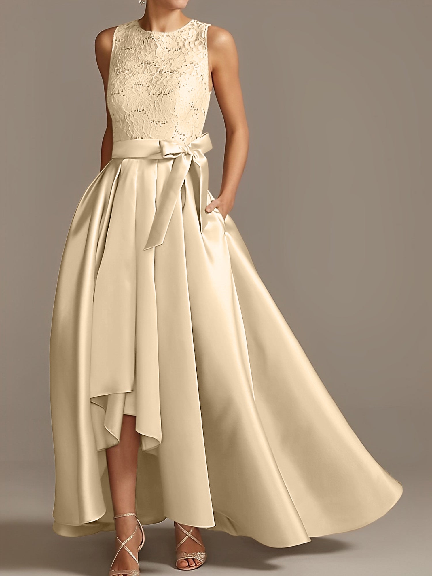 Asymmetrical Princess A-Line Sleeveless Mother Of The Bride Dress With Jewel Neck And Pleats