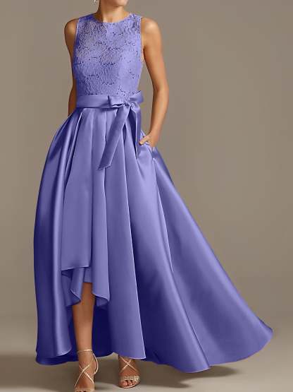 Asymmetrical Princess A-Line Sleeveless Mother Of The Bride Dress With Jewel Neck And Pleats