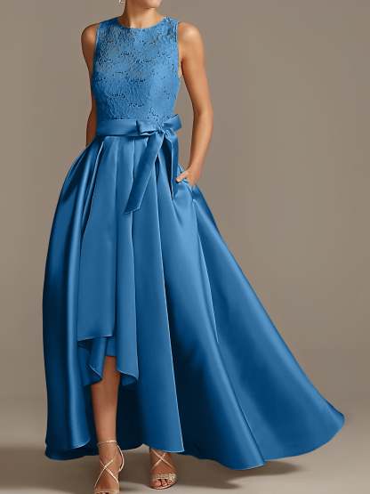 Asymmetrical Princess A-Line Sleeveless Mother Of The Bride Dress With Jewel Neck And Pleats