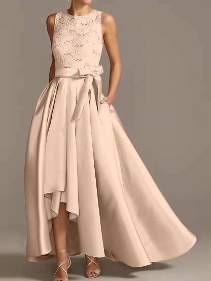 Asymmetrical Princess A-Line Sleeveless Mother Of The Bride Dress With Jewel Neck And Pleats
