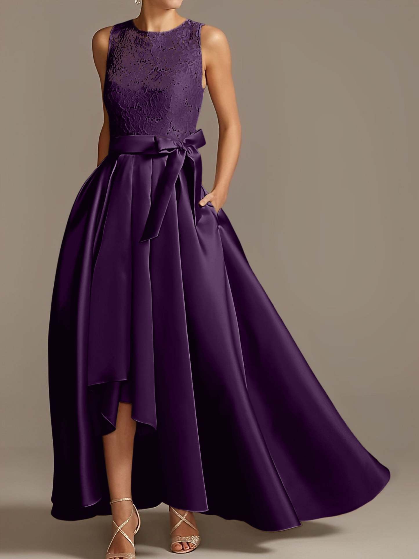 Asymmetrical Princess A-Line Sleeveless Mother Of The Bride Dress With Jewel Neck And Pleats