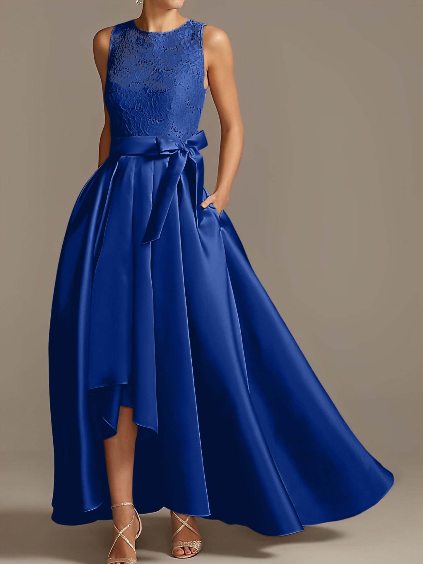 Asymmetrical Princess A-Line Sleeveless Mother Of The Bride Dress With Jewel Neck And Pleats