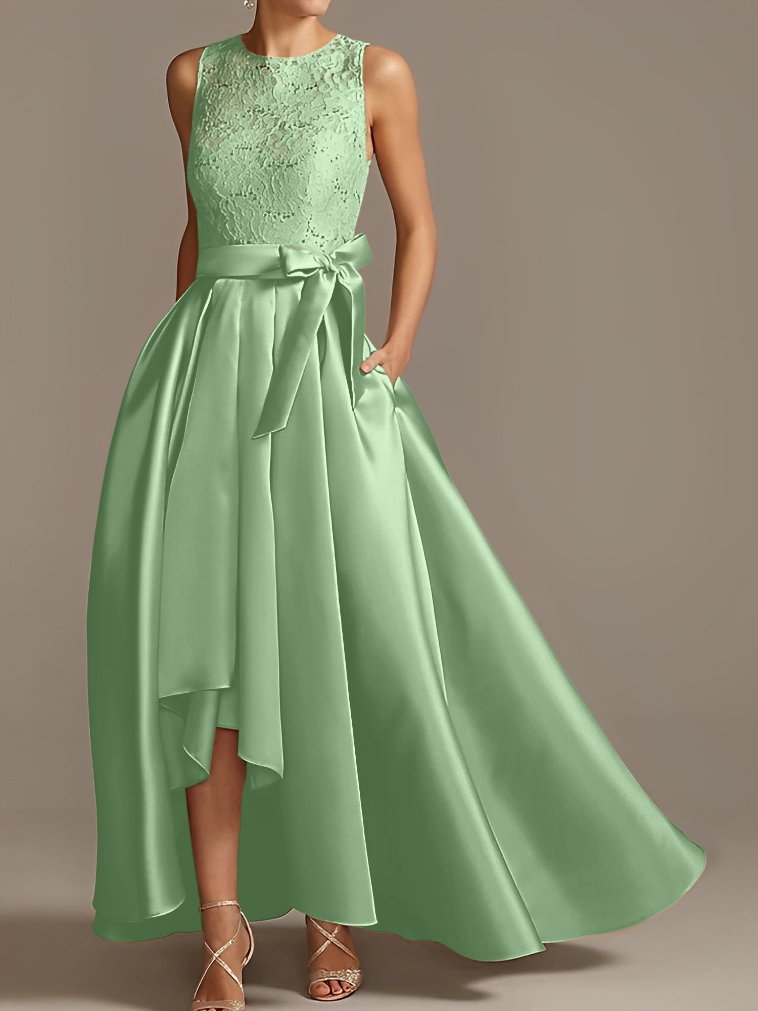 Asymmetrical Princess A-Line Sleeveless Mother Of The Bride Dress With Jewel Neck And Pleats