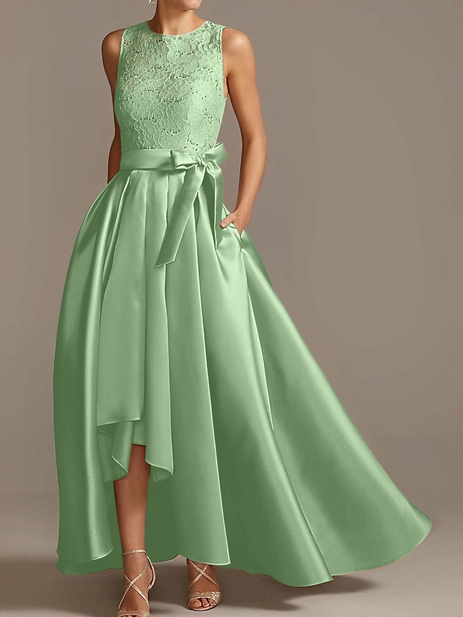 Asymmetrical Princess A-Line Sleeveless Mother Of The Bride Dress With Jewel Neck And Pleats