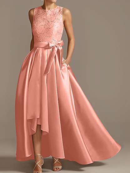 Asymmetrical Princess A-Line Sleeveless Mother Of The Bride Dress With Jewel Neck And Pleats