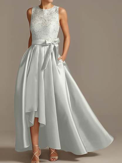 Asymmetrical Princess A-Line Sleeveless Mother Of The Bride Dress With Jewel Neck And Pleats