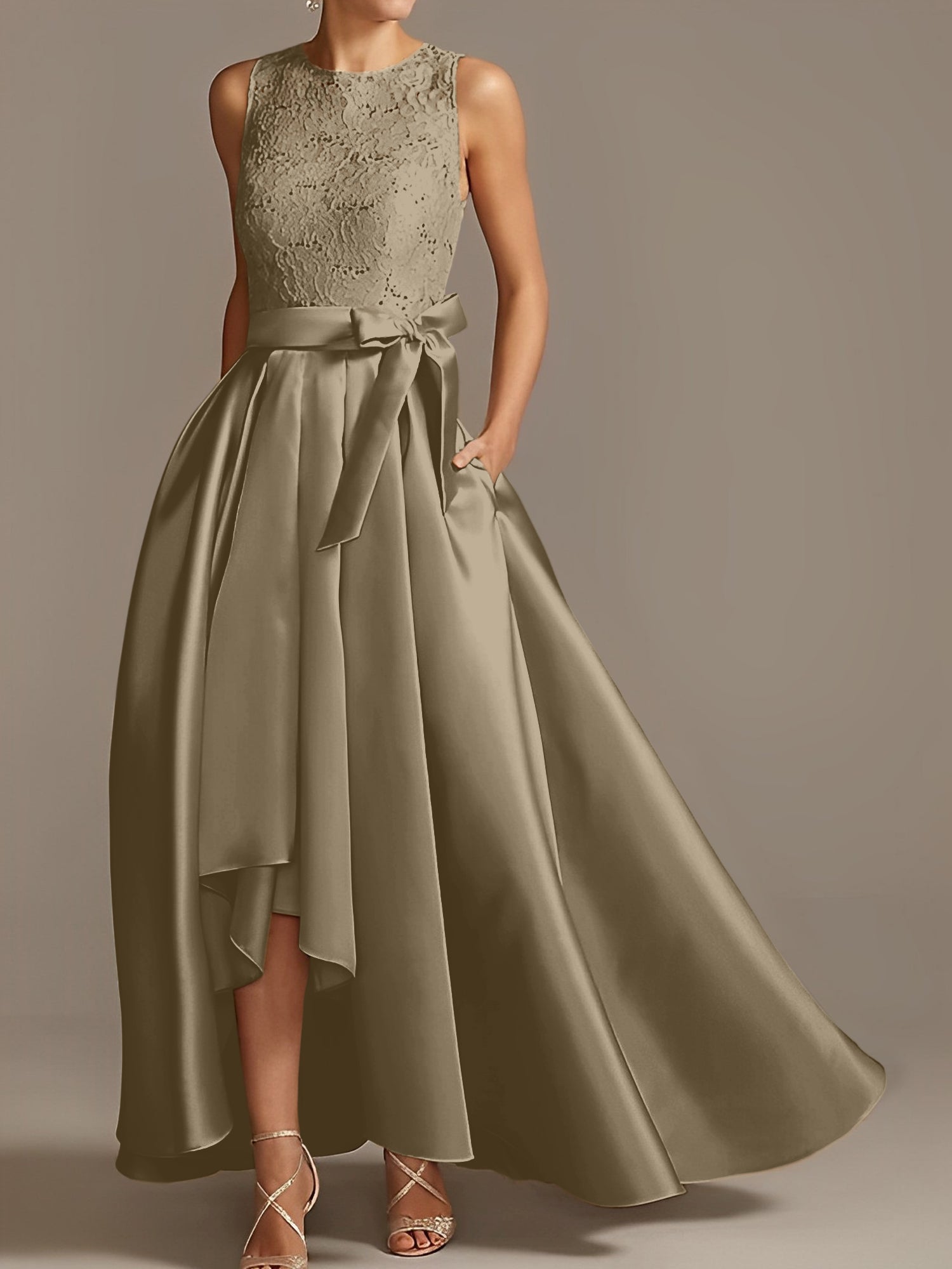 Asymmetrical Princess A-Line Sleeveless Mother Of The Bride Dress With Jewel Neck And Pleats